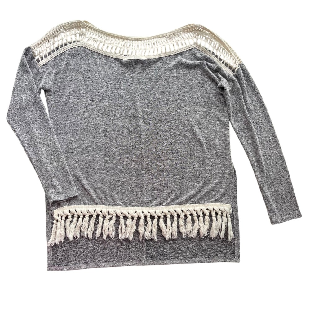 ENTRO Women's Sm Gray Boat Neck Crochet Fringe Long Sleeve Sweater Boho Festival